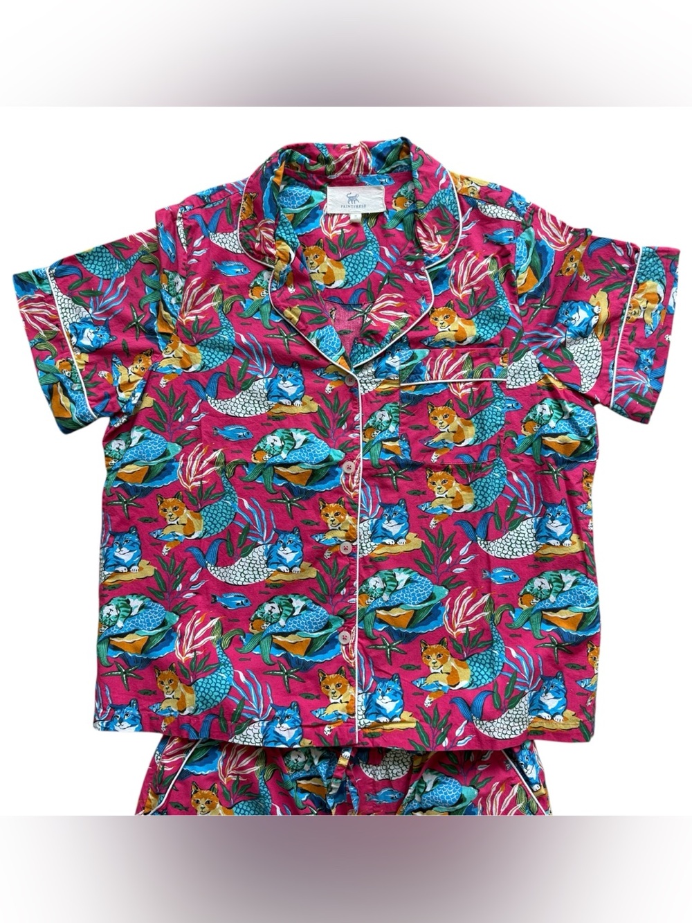 Printfresh Meowing Mermaids Pajama Set M Pink Cat Mermaid Cropped Pants NWOT